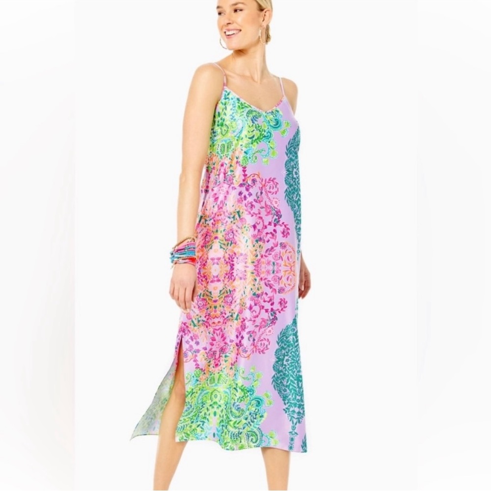 Lilly Pulitzer Bellalyn Satin Midi Dress Sunshine Vibes XS, EUC